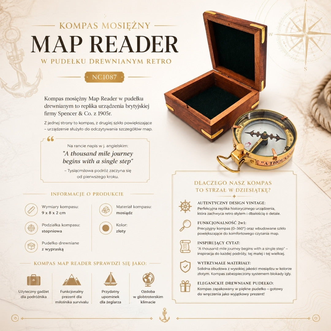 Messingkompas Map Reader i retro trææske - NC1087