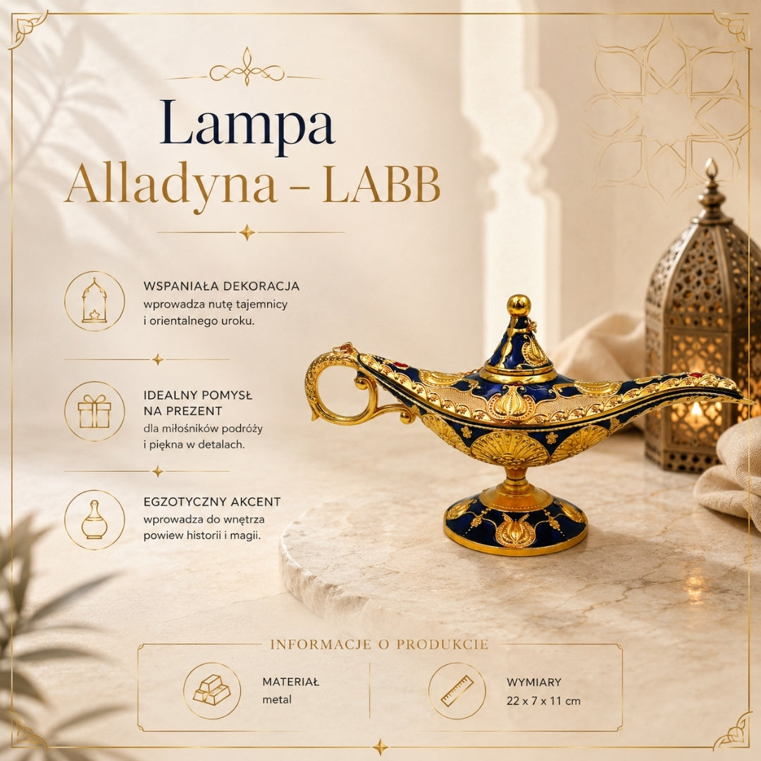 Aladdins lampe LABB med metaldekorationer i guldfarve, mørk marineblå, 22 x 7 x 11 cm