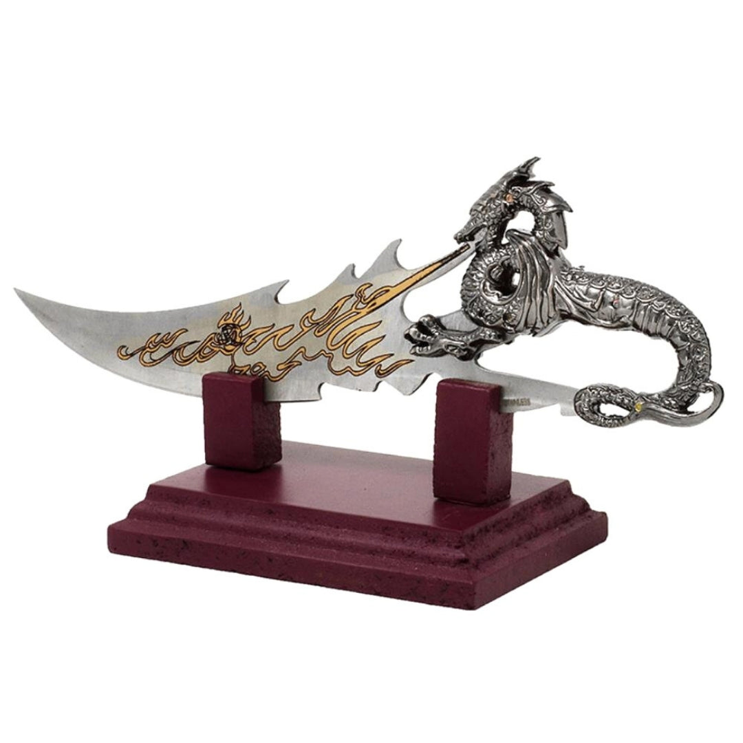 Dekorativ dolk med drage på fod 19 cm - fantasy - rustfrit stål – SW-185