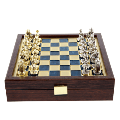 Elegant premium-messingskak 20x20cm Byzantium med personlig gravering - ideel gave til skakspillere og historieelskere - håndlavede brikker i guldfarvet og sølvfarvet finish
