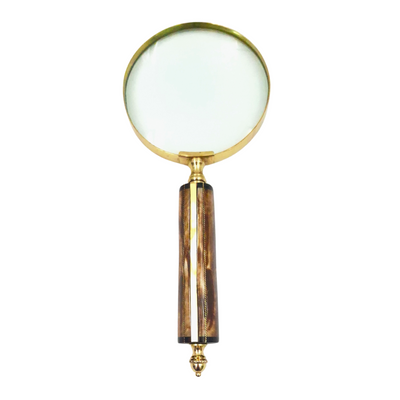 Forstørrelsesglas MFM med messingindfatning og knoglehåndtag, 3.5x forstørrelse, mulighed for personlig gravering, ideel som gave til samlere, guld- og hvid/cremefarvet, mål 10 x 23 x 1.9 cm