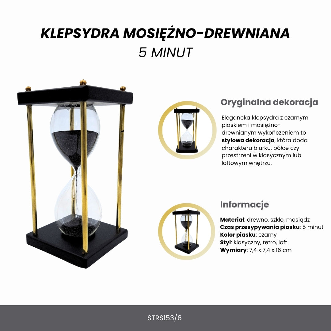 Messing- og trætimeglas 5 minutter – sort sand – elegant retrodekoration - STRS