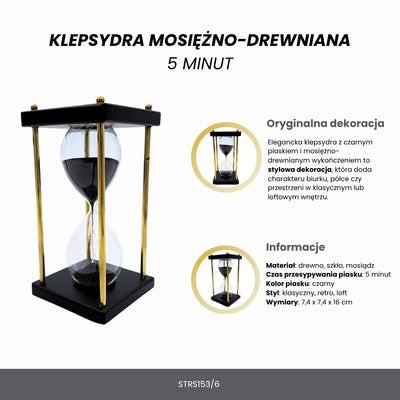 Messing- og trætimeglas 5 minutter – sort sand – elegant retrodekoration - STRS