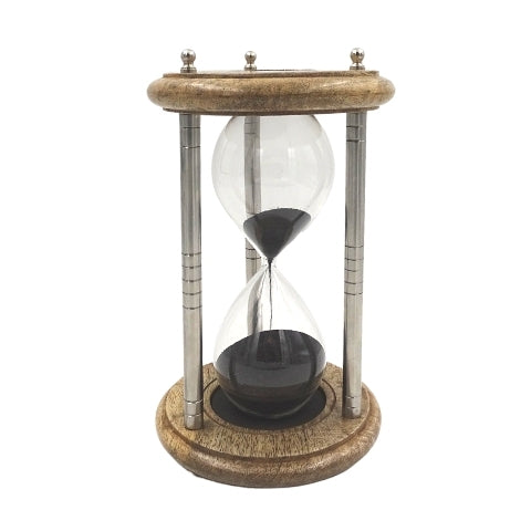 Messing-træ timeglas 10 min med gravering - elegant gave i sort farve, højde 25 cm, lavet af metal, glas og mangotræ  