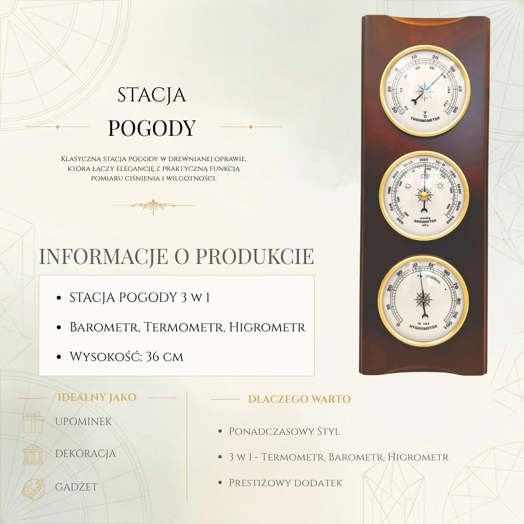 Elegant vejrstation – barometer, termometer, hygrometer, 36cm, retro - YG336