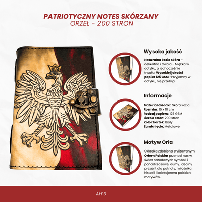 Lædernotesbog, dagbog med polsk ørn, patriotisk - 200 sider - AH13