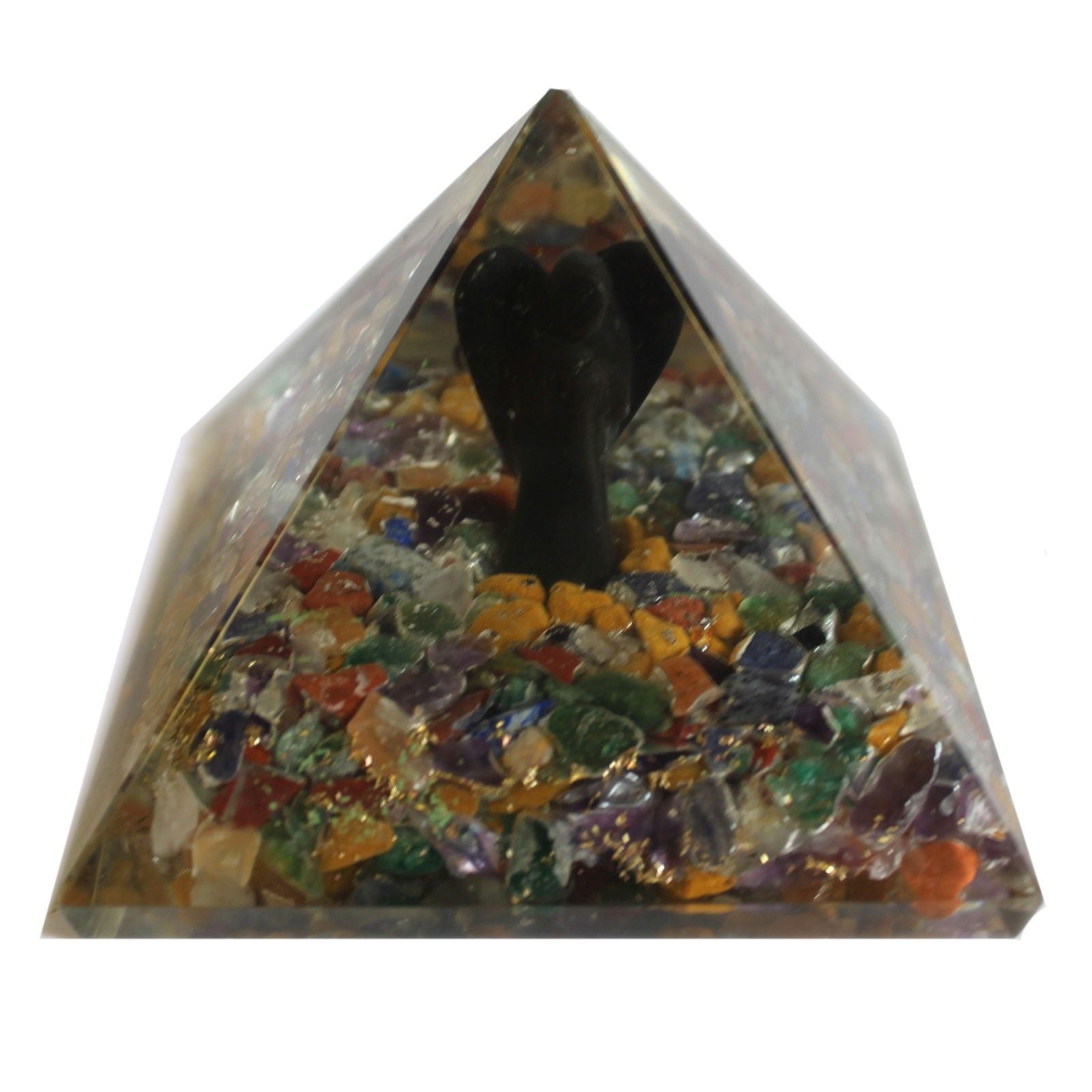 Magisk Orgonit Pyramide 70 mm - Engel med Esoteriske Genstande, Grønligt Indre og Håndlavet Finish