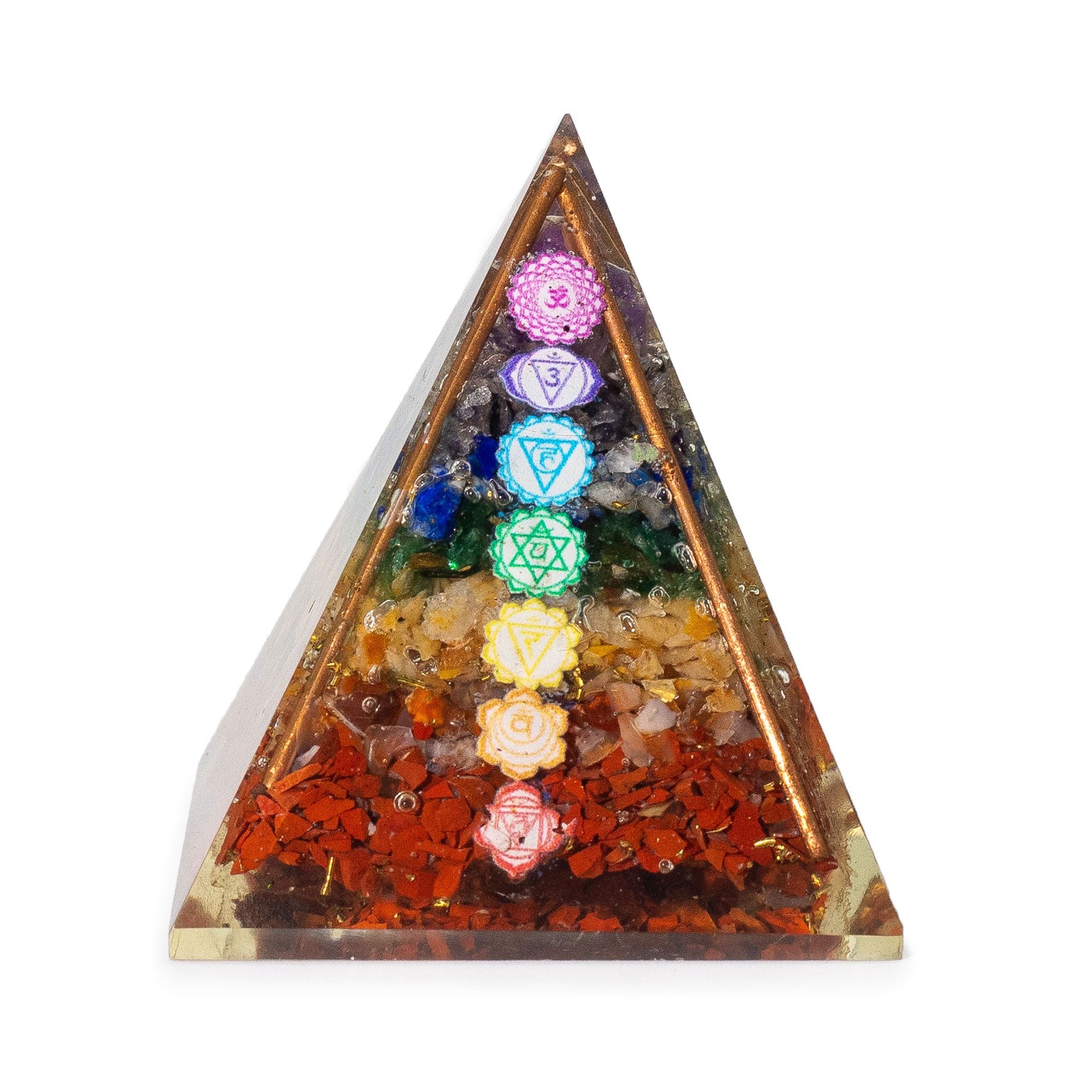 Mellemstor Orgonit Pyramide 7x6 cm med Kobberstænger og 7 Chakra Sten - Flerfarvet Element af Energetisk Harmoni som Gave