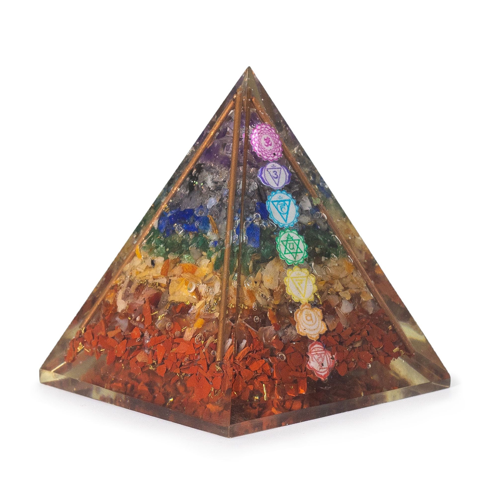 Mellemstor Orgonit Pyramide 7x6 cm med Kobberstænger og 7 Chakra Sten - Flerfarvet Element af Energetisk Harmoni som Gave