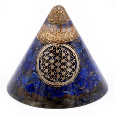 Orgonit Kegle Lapis Livets Blomst med Hængende Kvarts - 90 mm, Blå-Guld, Glas Resin og Metalspåner