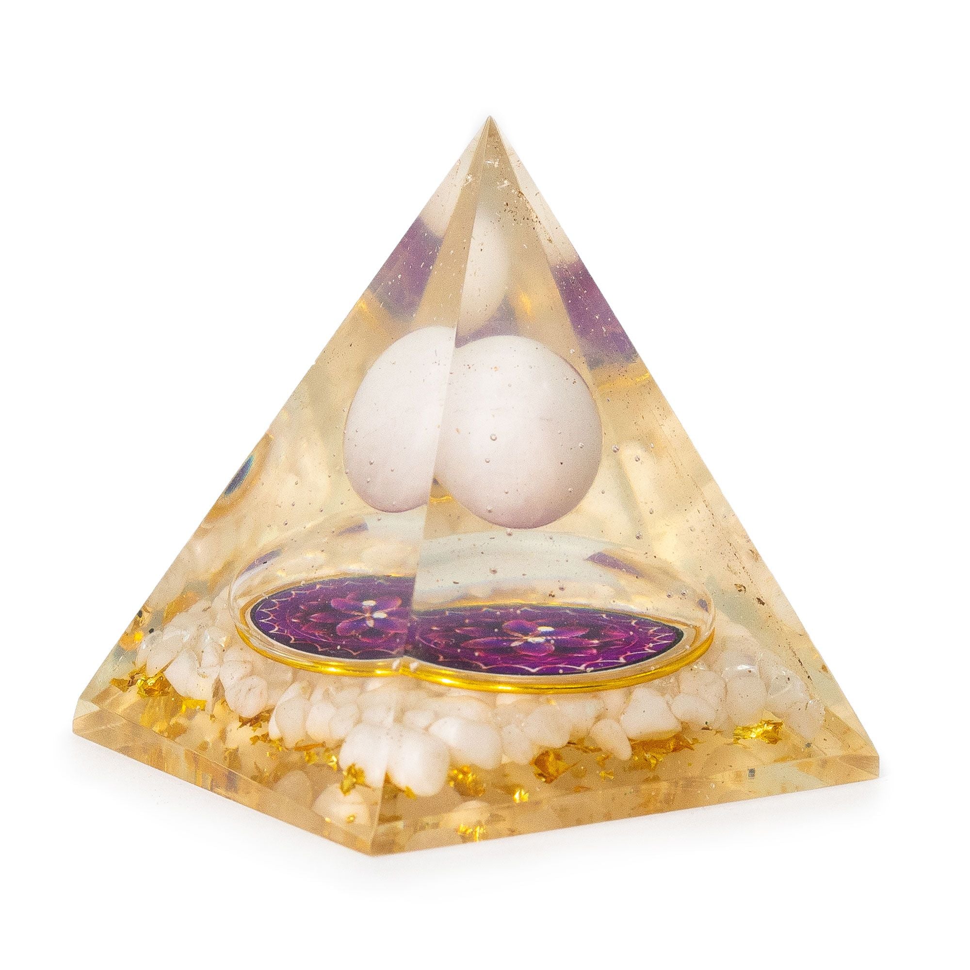 Orgonit Pyramide med Hvid Kvarts Kugle 7x6 cm - Naturlige Kvartsstykker og Guldflager