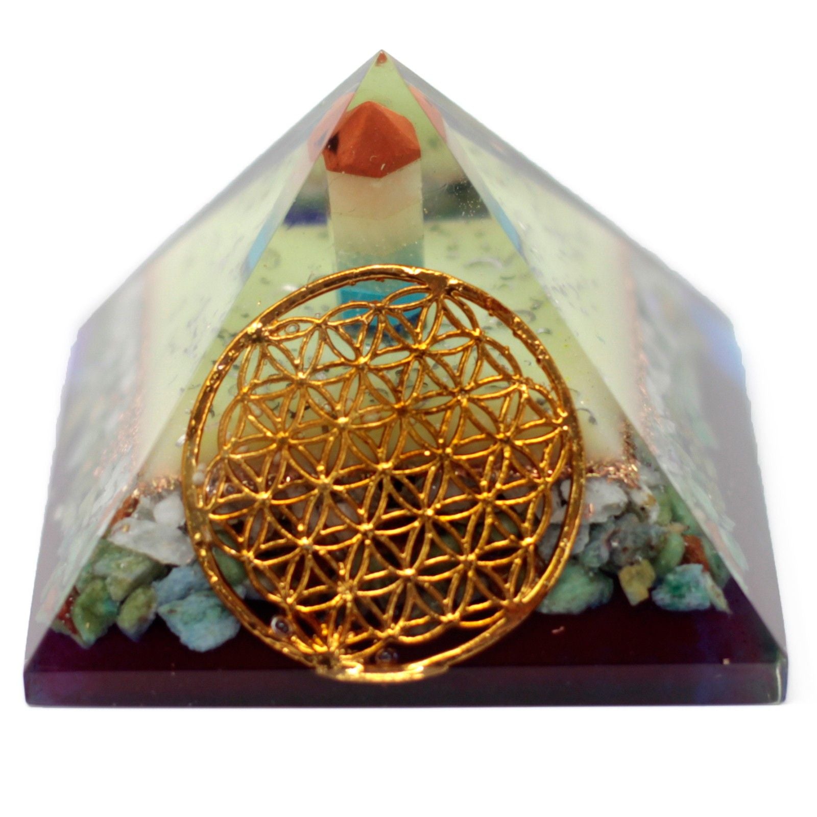 Stor Orgonit Pyramide 70mm med Livets Blomst Symbol