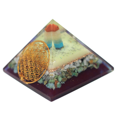 Stor Orgonit Pyramide 70mm med Livets Blomst Symbol