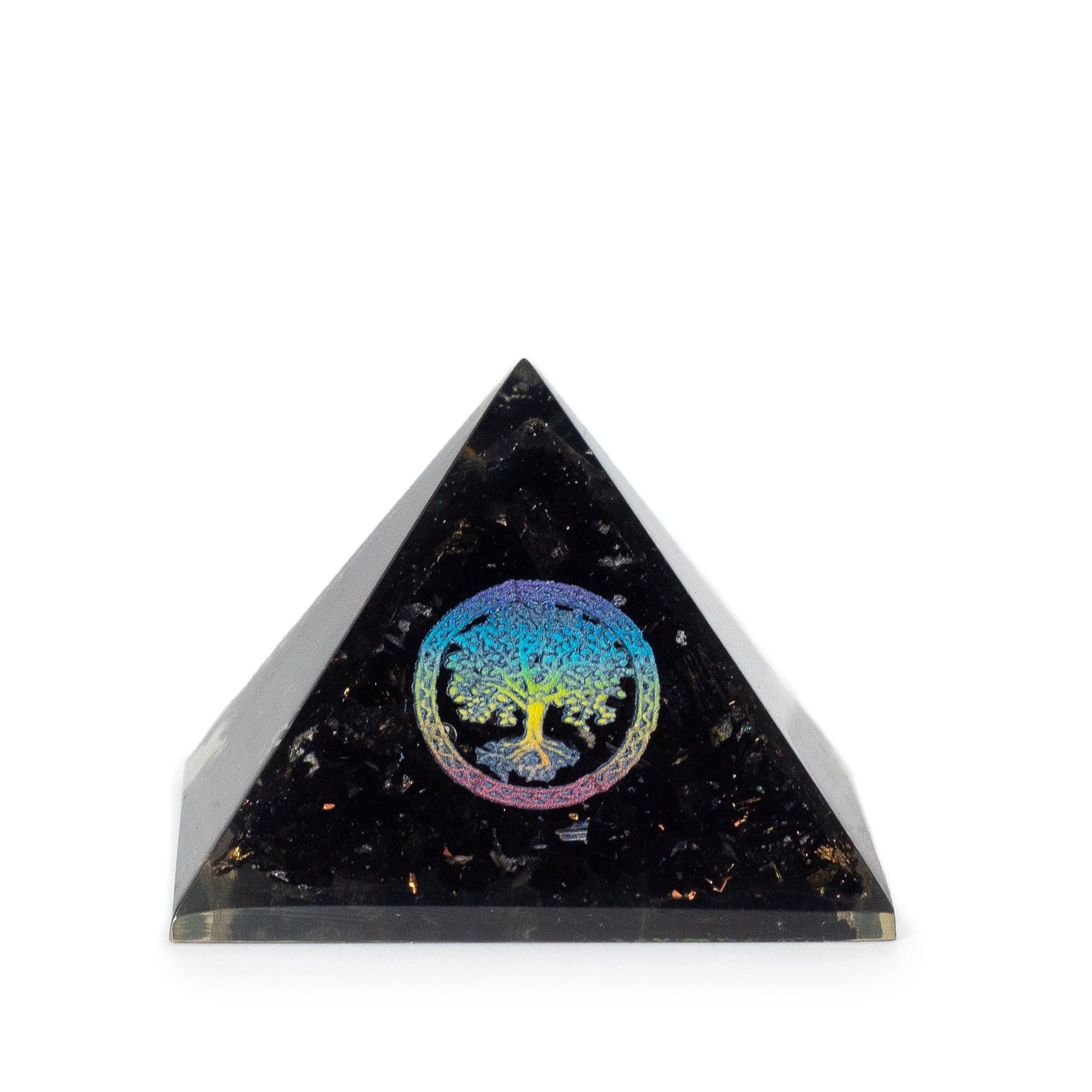 Elegant orgonitpyramide af sort turmalin med livets træ symbol - 5,5x4,5 cm