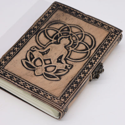 Esoterisk Buddha Notesbog i Rød-Tan Farve - Lædernotesbog med 200 Sider, Mål 17,5x12,5x3 cm