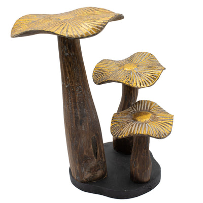 Stor gylden svampeskulptur 32 cm - naturligt træ - unik dekorationsgenstand til gave - skov-, rustik- og moderne stil