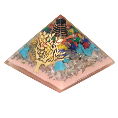 Orgonit Pyramide 70mm - Træ med Ædelsten, Kobber og Metalindsatser