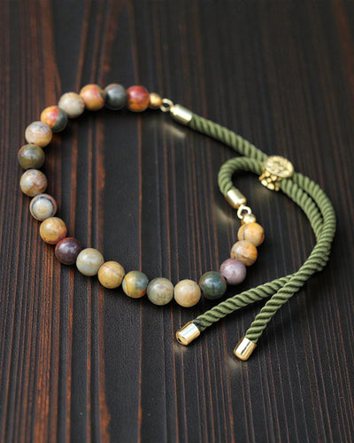 Moss Aura – Bransoletka z Jaspisem Picasso i Złotem 18K na Zielonym Sznurku
