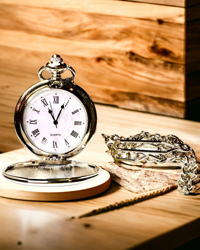 Klassisk Lommeur med Romertal og Kæde, Kvarts, Stålglans - sølvfarvet