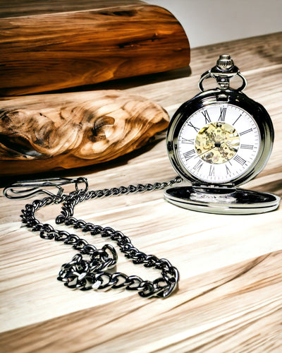 Klassisk Mekanisk Lommeur med Dobbelt Dæksel – Manuel, Sort, personalisering med gravering