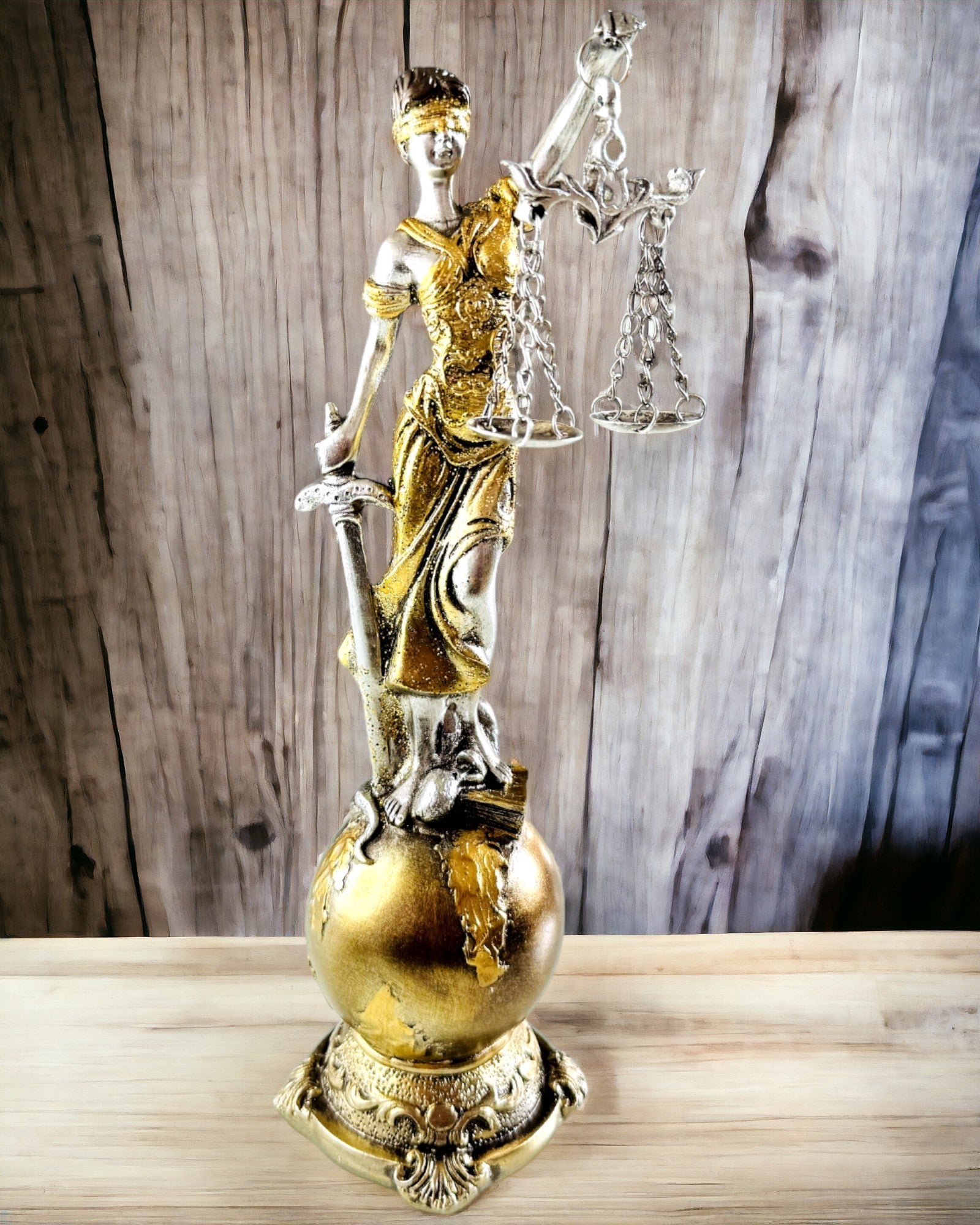 Statuette af Retfærdighedens Gudinde – Kunstnerisk Dekoration til Hylde, Håndværk af Harpiks, tilpasning med gravering