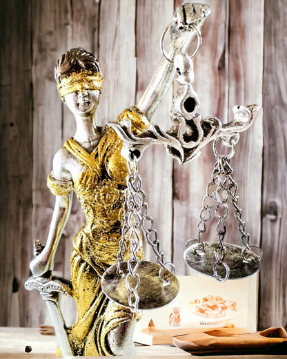Statuette af Retfærdighedens Gudinde – Kunstnerisk Dekoration til Hylde, Håndværk af Harpiks, tilpasning med gravering