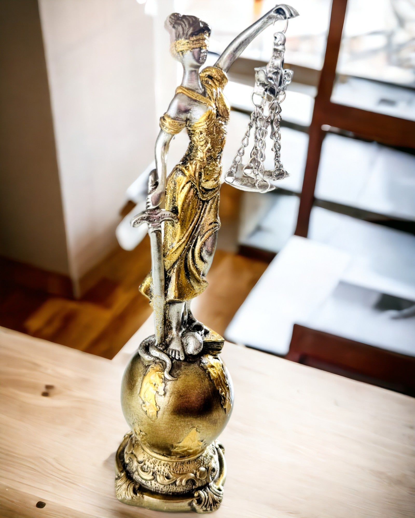 Statuette af Retfærdighedens Gudinde – Kunstnerisk Dekoration til Hylde, Håndværk af Harpiks, tilpasning med gravering