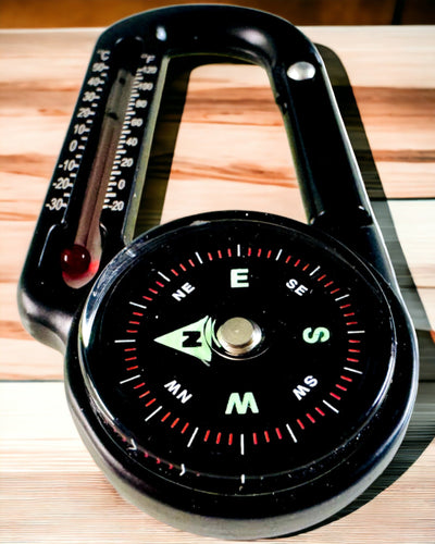 Karabinhagekompas med termometer, nøglering - mulighed for gravering