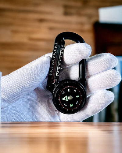 Karabinhagekompas med termometer, nøglering - mulighed for gravering