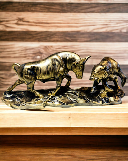 Skulptur "To rivaler" - Tyr og Bjørn - Symbolik for Finansmarkedet, Mulighed for Gravering - kobberfarvet