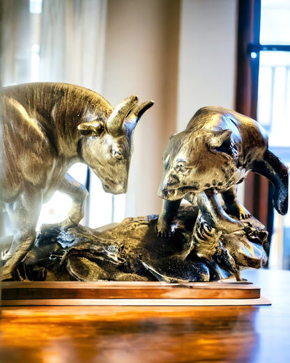 Skulptur "To rivaler" - Tyr og Bjørn - Symbolik for Finansmarkedet, Mulighed for Gravering - kobberfarvet