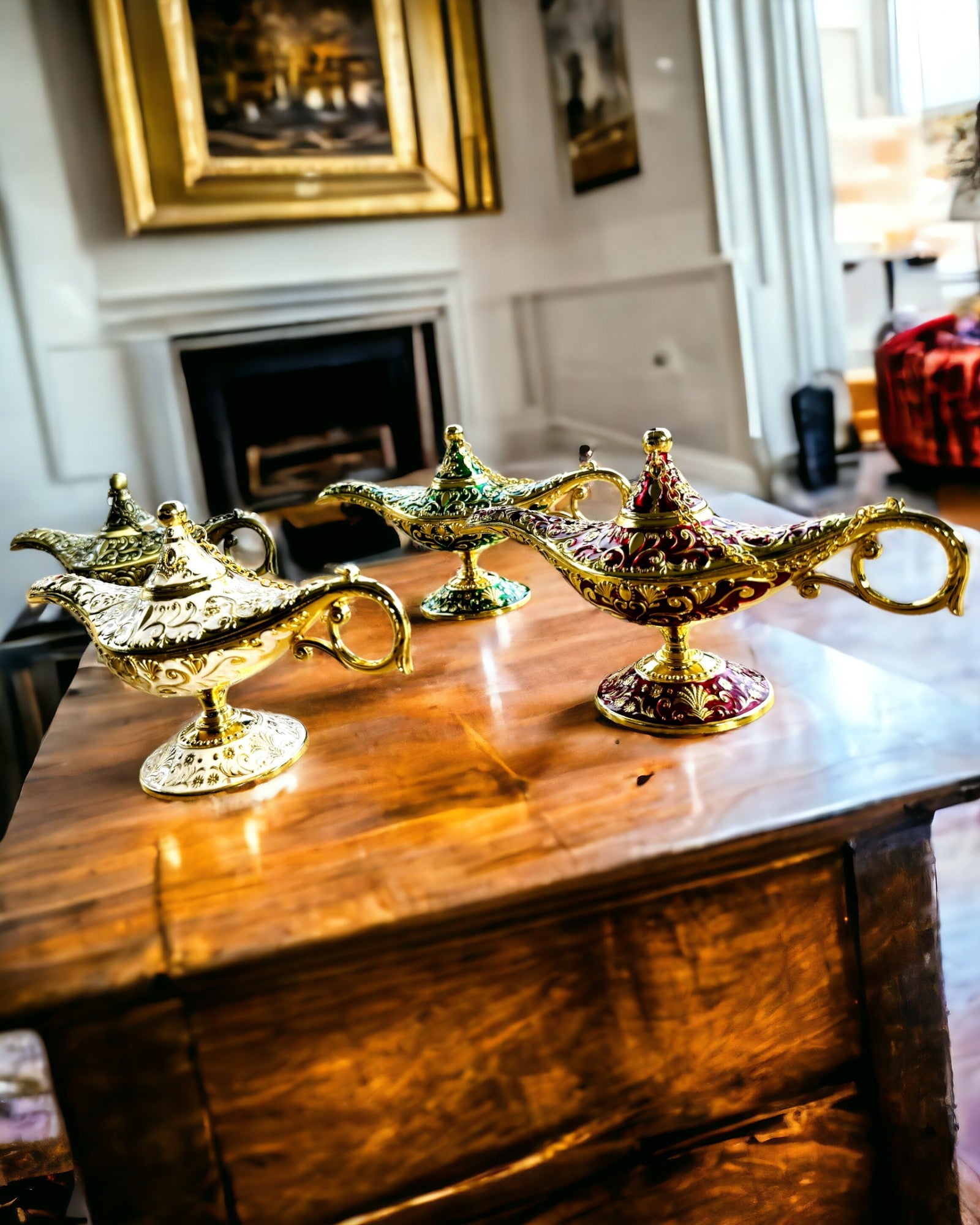 Magisk Aladdins Lampe med Gravering - Hvid Variant, flettet med guld