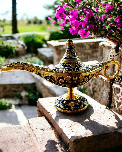 Magisk Aladdins Lampe med Gravering - Mørkeblå Variant, flettet med guld