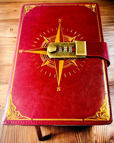 Notatbog Premium med Kodelås A5 - Vintage Stil med Kompas, Japansk Design, Papirvarer til Studerende og Erhverv. Personalisering med Gravering