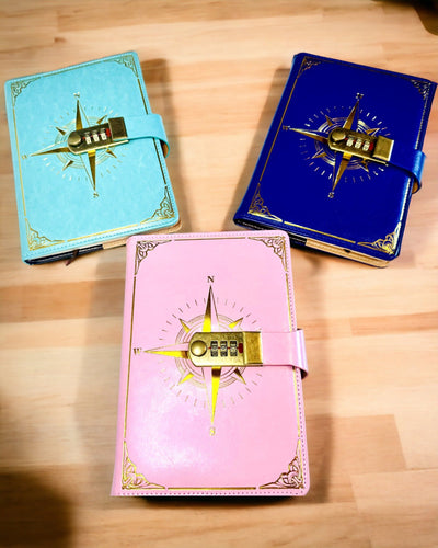 Notatbog Premium med Kodelås A5 - Vintage Stil med Kompas, Japansk Design, Papirvarer til Studerende og Erhverv. Personalisering med Gravering