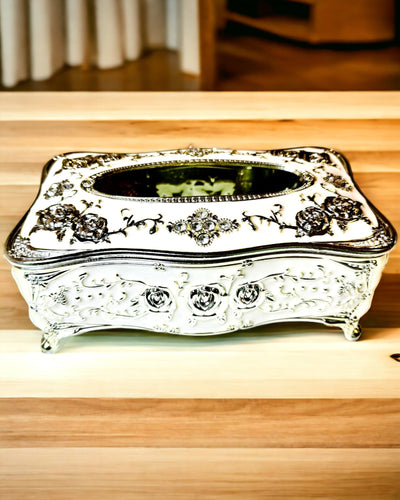 Æske til Servietter med Præget Rosenmønster - Elegant Tilbehør til Interiør, hvid