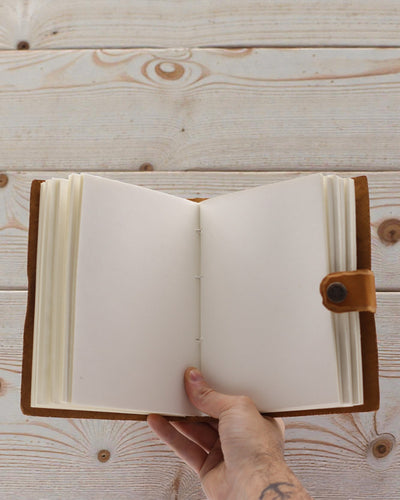 Lædernotesbog med prægede blomster – brun (17,8 x 12,7 cm)