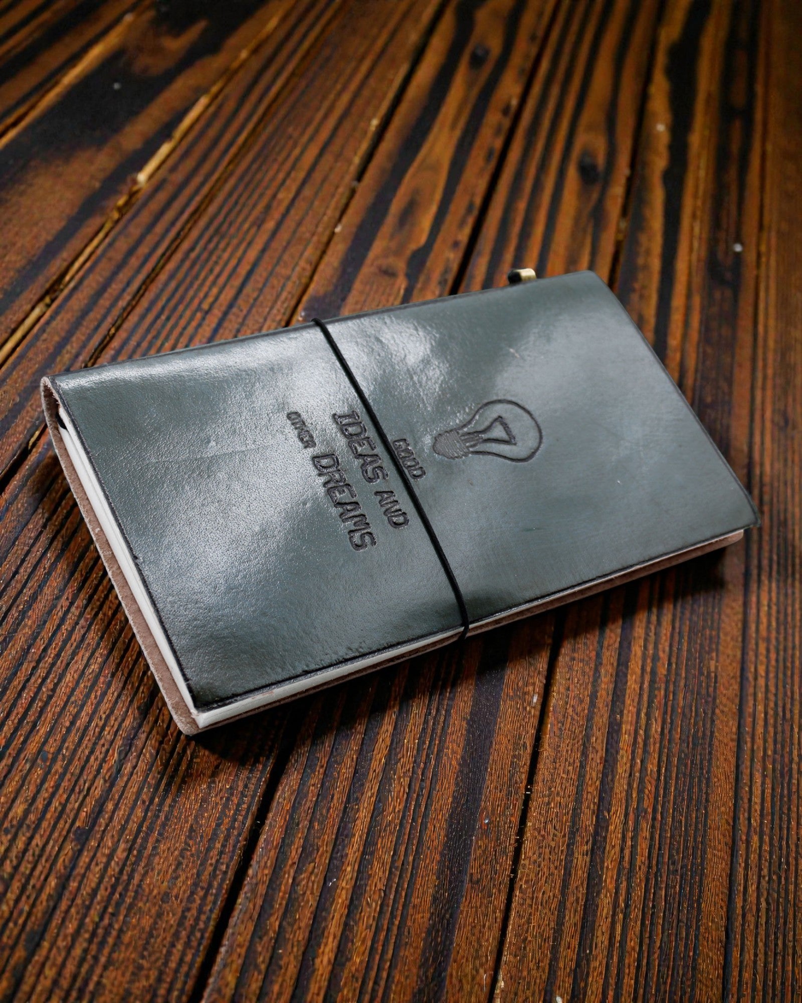 Håndlavet lædernotesbog Grå idéer – Gode idéer og andre drømme (80 sider)