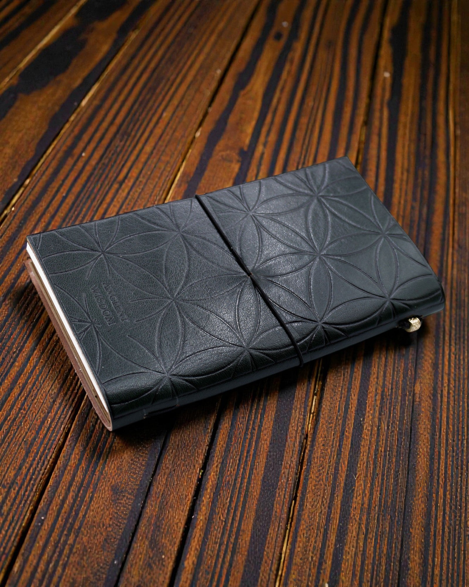 Håndlavet lædernotesbog Hellig Blomst – Livets Blomst (80 sider)