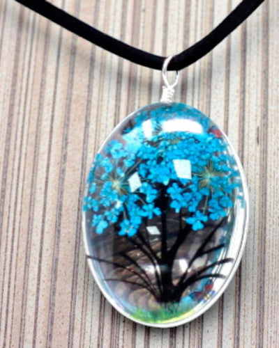 Havbrise – Blågrønt smykkesæt med tørrede blomster Livets Træ