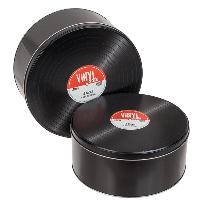 Metalæsker, stiliseret som vinylplader i retrostil, mulighed for personliggørelse med gravering