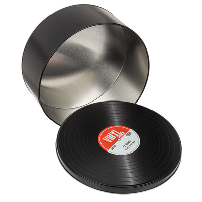 Metalæsker, stiliseret som vinylplader i retrostil, mulighed for personliggørelse med gravering