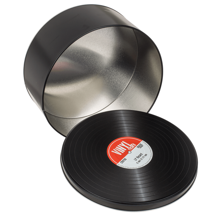 Metalæsker, stiliseret som vinylplader i retrostil, mulighed for personliggørelse med gravering